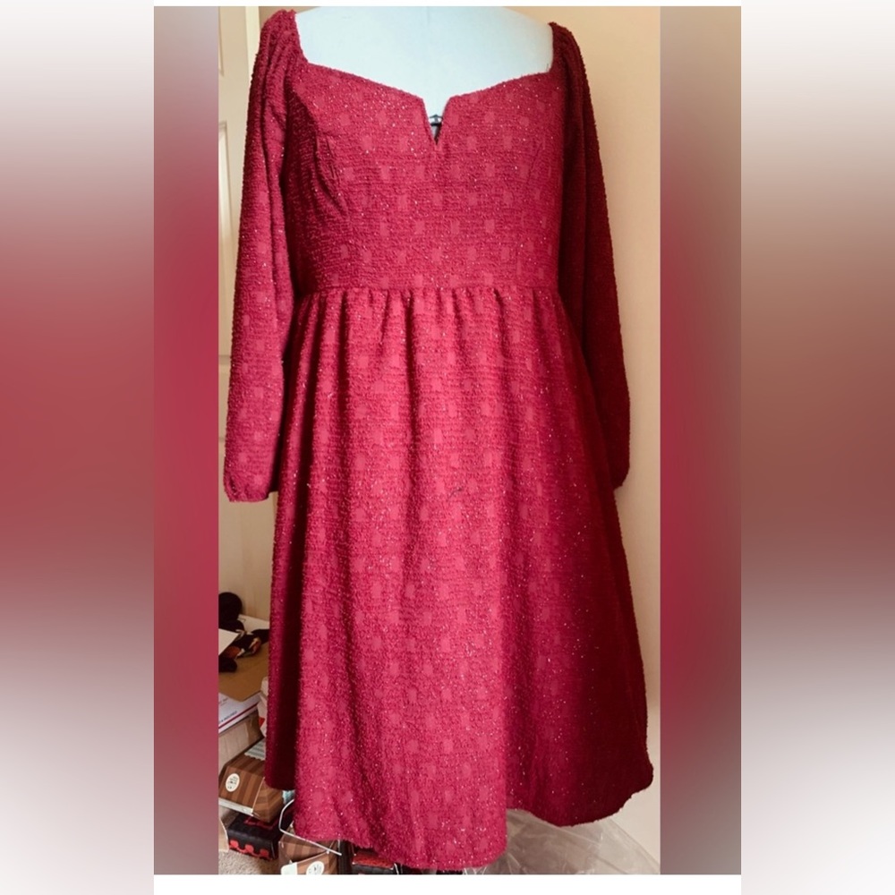 Bloomchic burgundy textured square neck sparkle dress